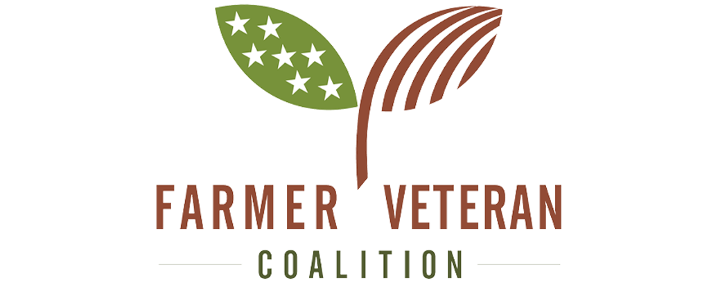 Logo of the Farmer Veteran Coalition featuring green leaves with stars and stylized brown crop lines, symbolizing support for veterans transitioning to agriculture.